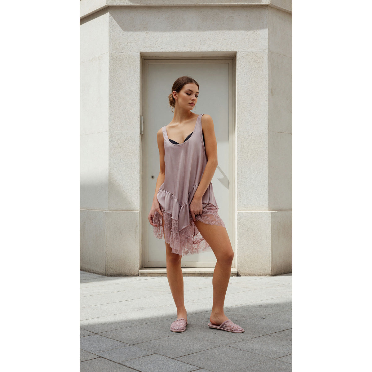 Mini Dress with Thin Straps and Lace Insert Costume Dresses detail