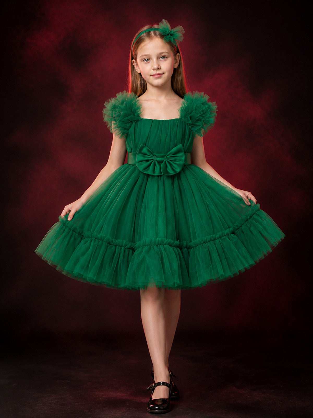 Girls' Green Princess Dress with Puff Sleeves, Layered Tulle Skirt and Bow main product view