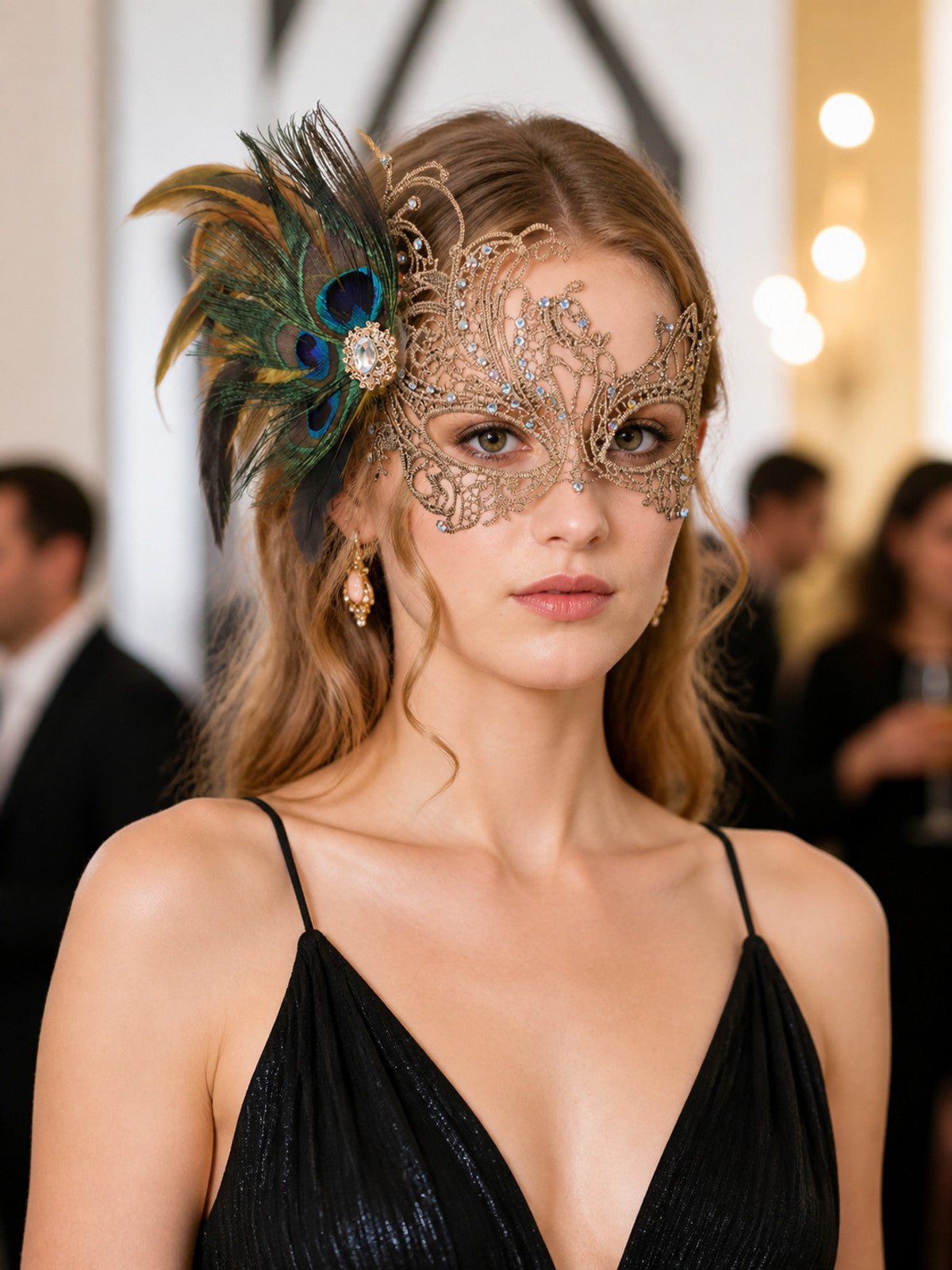 Venetian Carnival Mask with Peacock Feathers lifestyle view