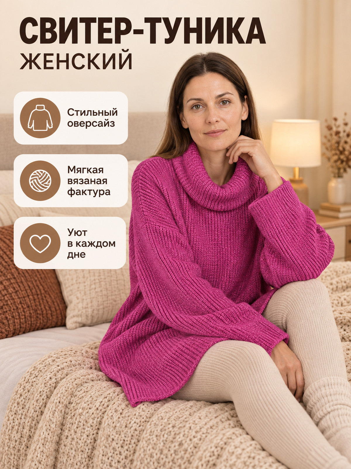 Oversized Sweater Tunic Bright Pink with High Neck