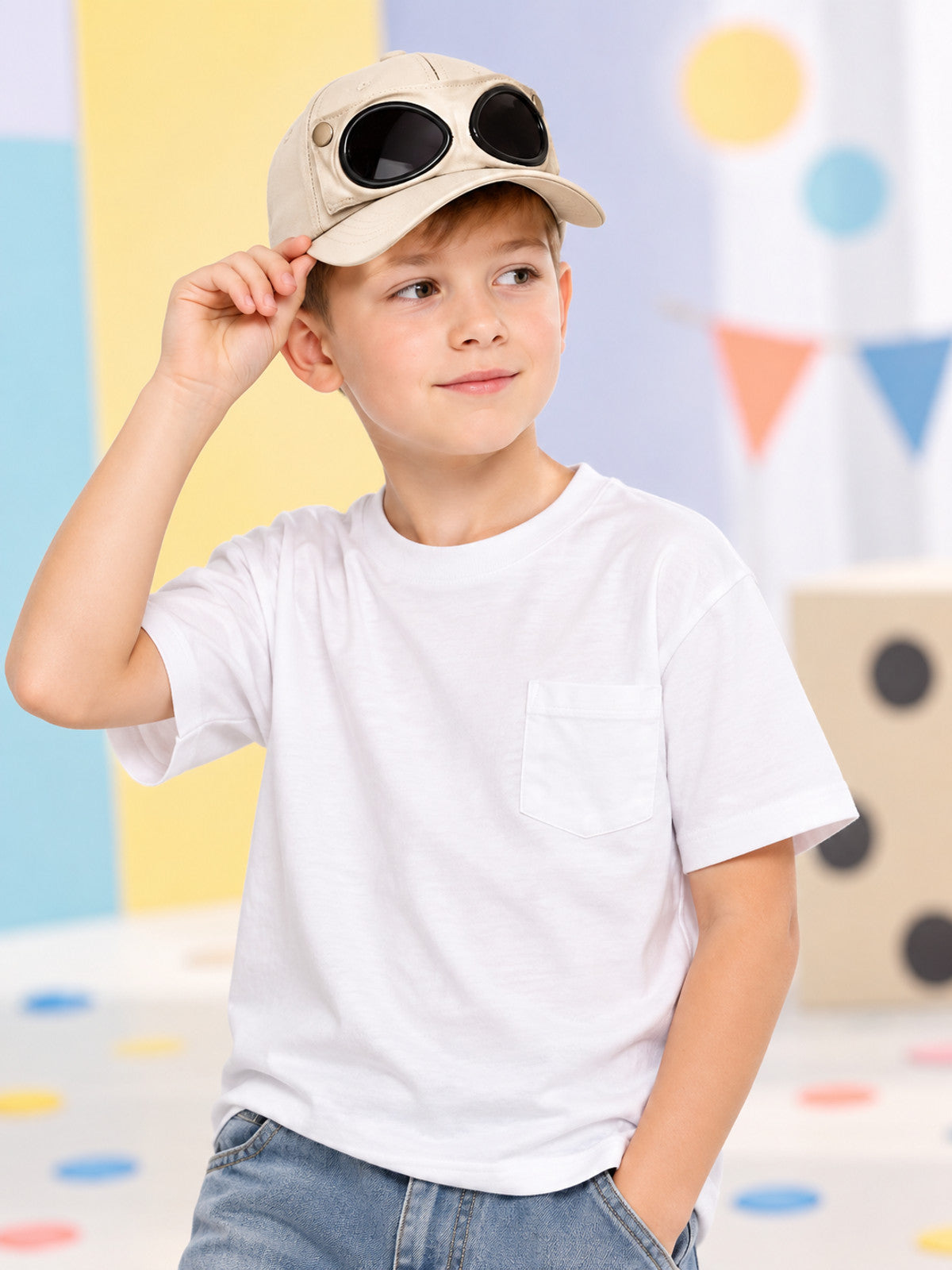 Light beige acrylic kids' baseball cap with patch