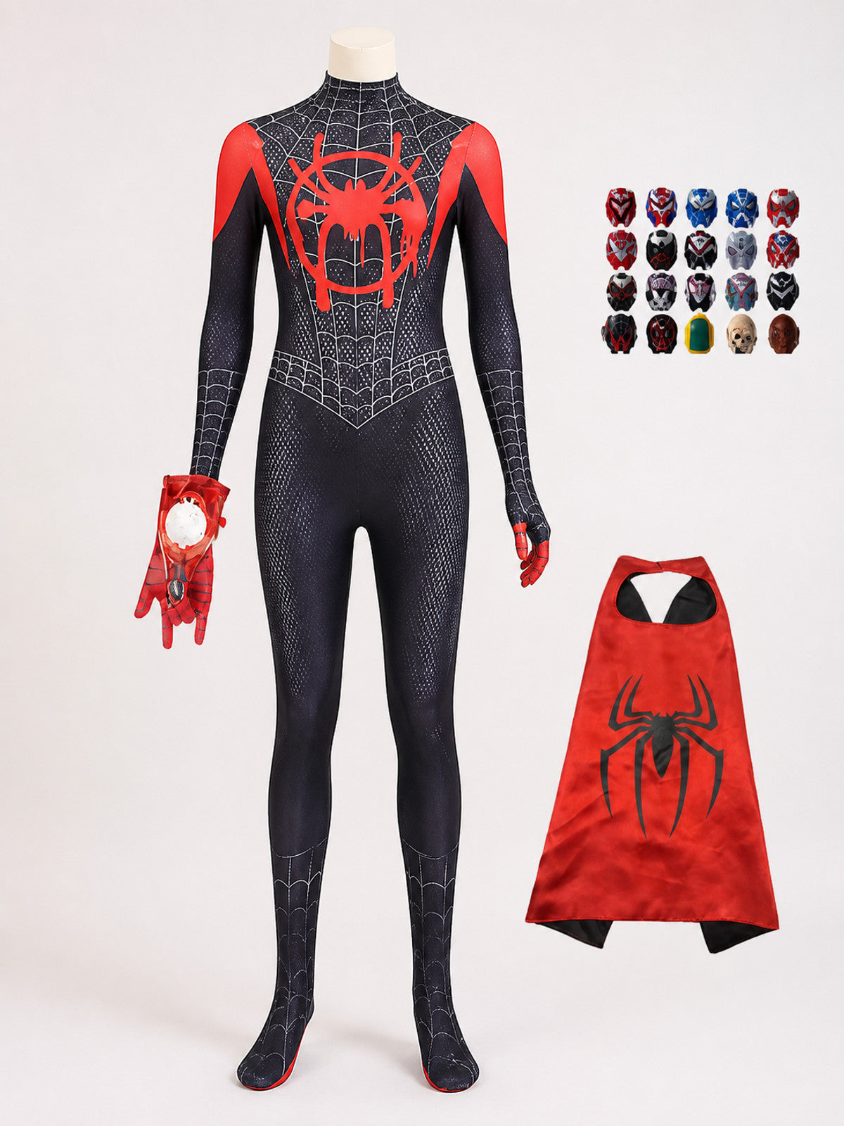 Kids Black Spider-Themed Bodysuit Costume With Hooded Mask, Cape And Props Costume Capes detail