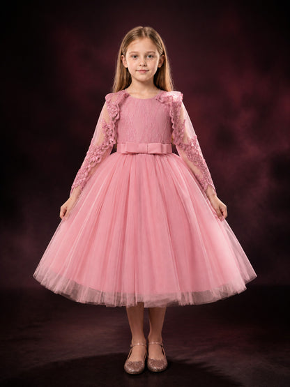 Toddler Girls' Dusty Pink Princess Dress with Lace Bow and Layered Tulle Skirt main product view