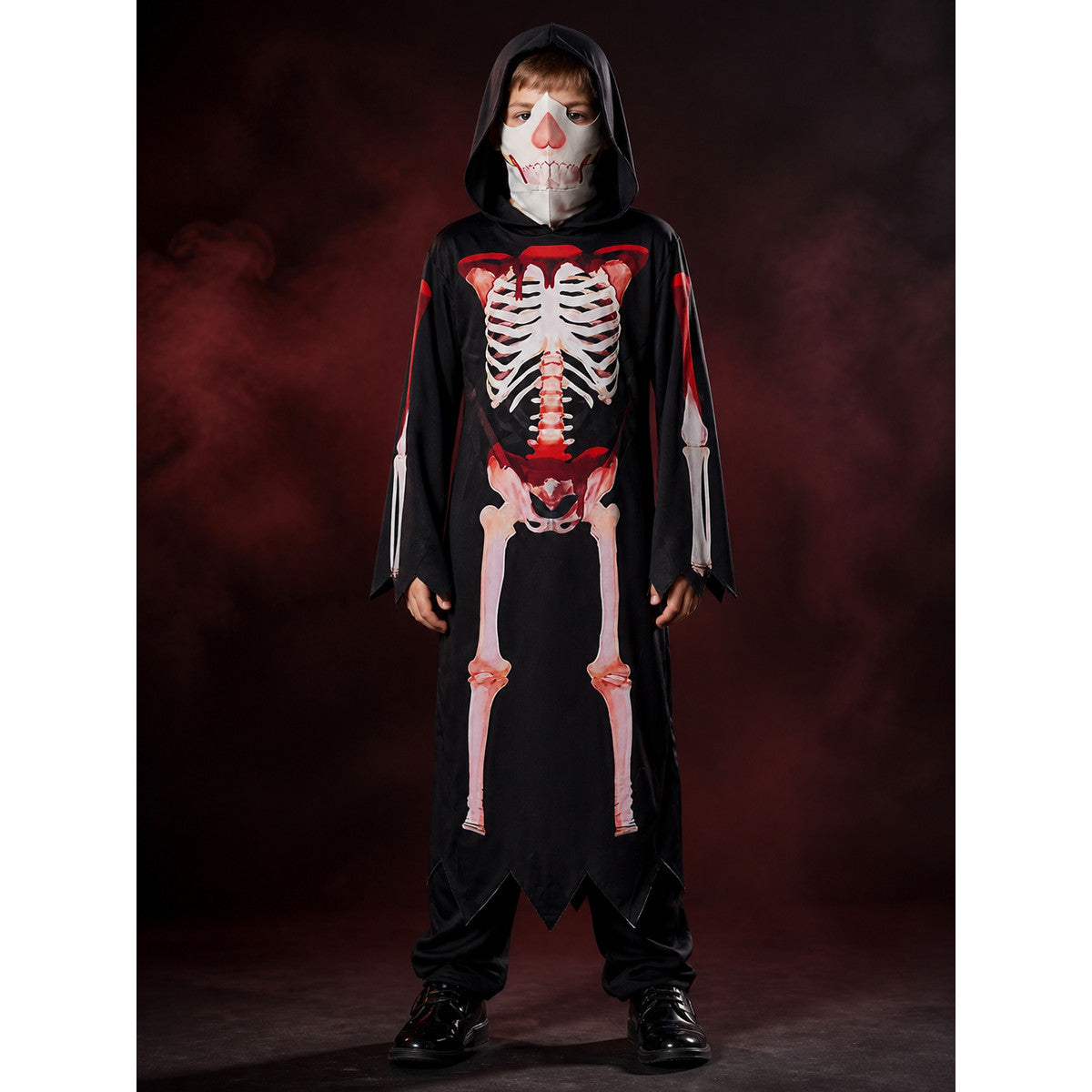 Hooded Skeleton Jumpsuit Costume with Full Bone Print for Halloween main product view
