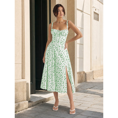 Women's midi dress with a slit and botanical print