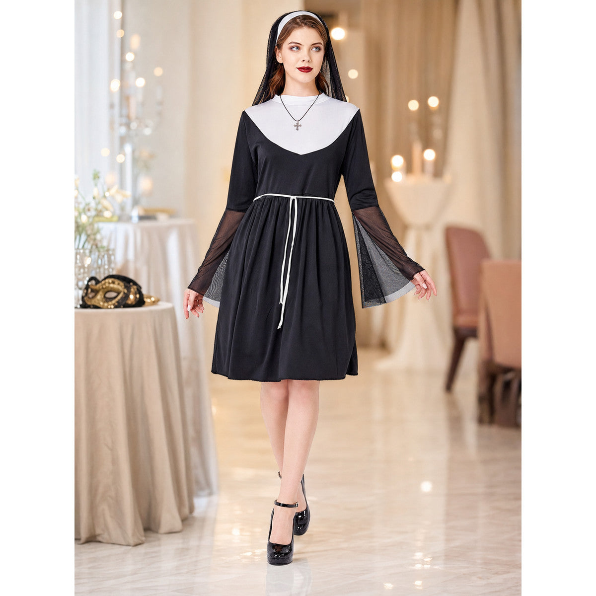 Robe Costume with Veil, White Collar, and Sleeves