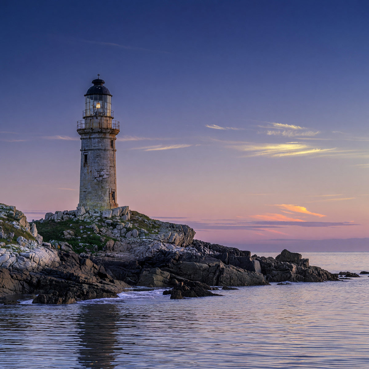 Scenic photograph of a stone lighthouse on rocky coast beside calm water at sunset