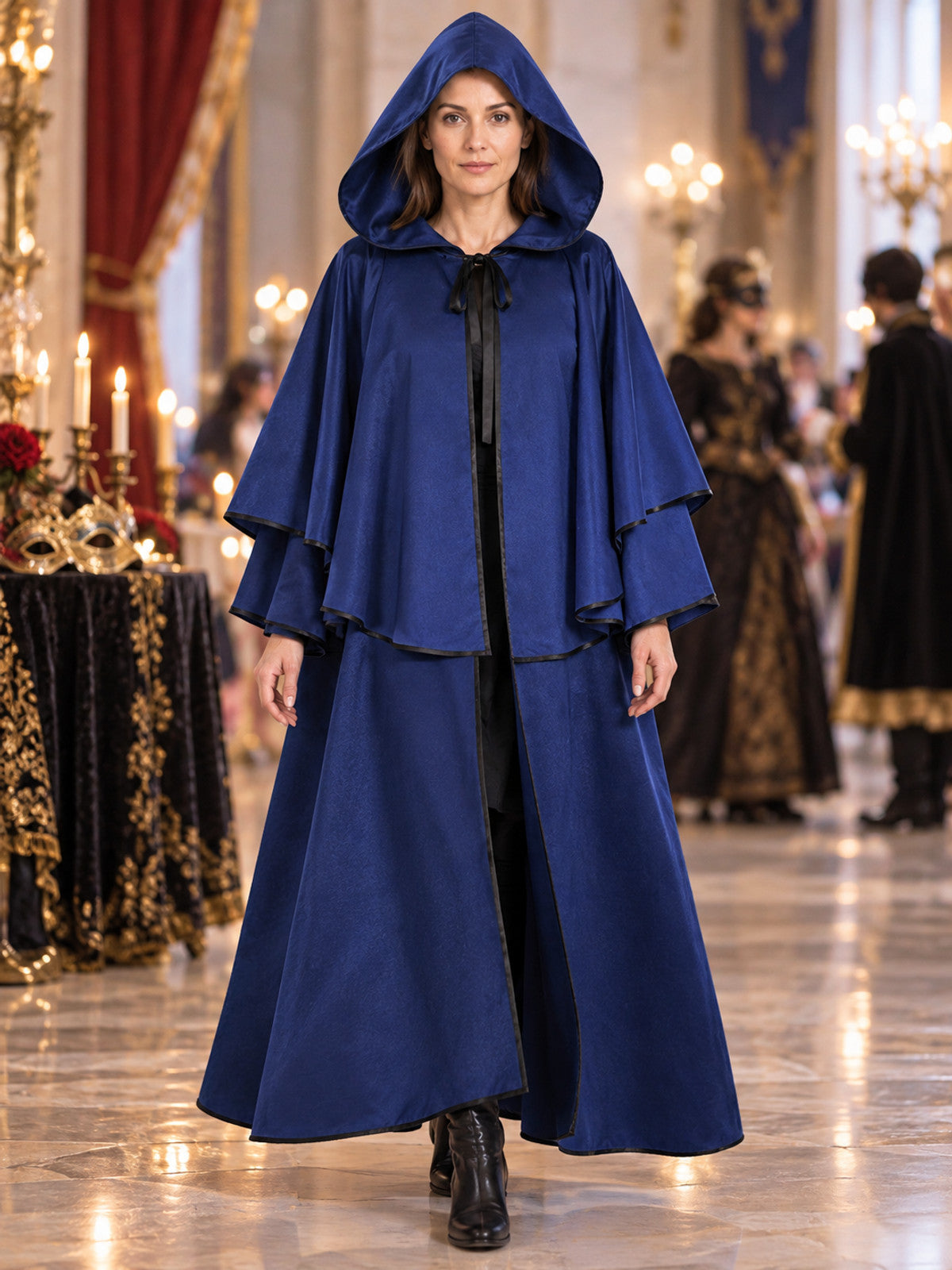 Blue hooded cloak cape with a shoulder cape and ties