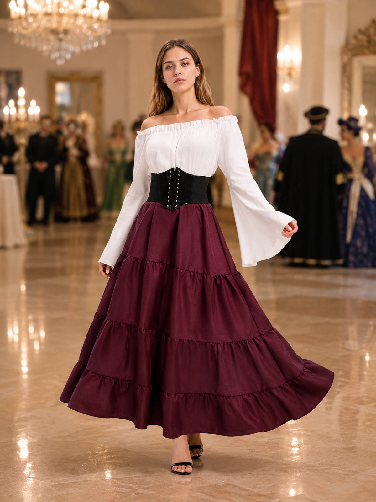 Floor-Length Dress with a Corset Belt and Tiered Skirt lifestyle view