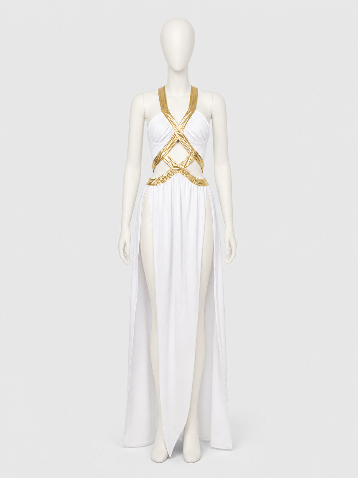 Long White and Gold Cosplay Dress with High Slit Costume Dresses detail