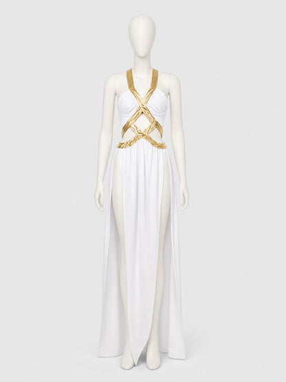 Long White and Gold Cosplay Dress with High Slit Costume Dresses detail