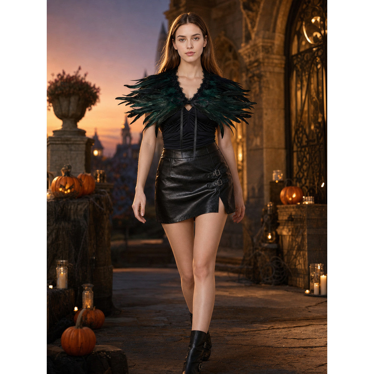 Green And Black Feather Lace Shoulder Shawl, Single-Layer Short Capelet With Front Tie And Wraparound Feather Trim