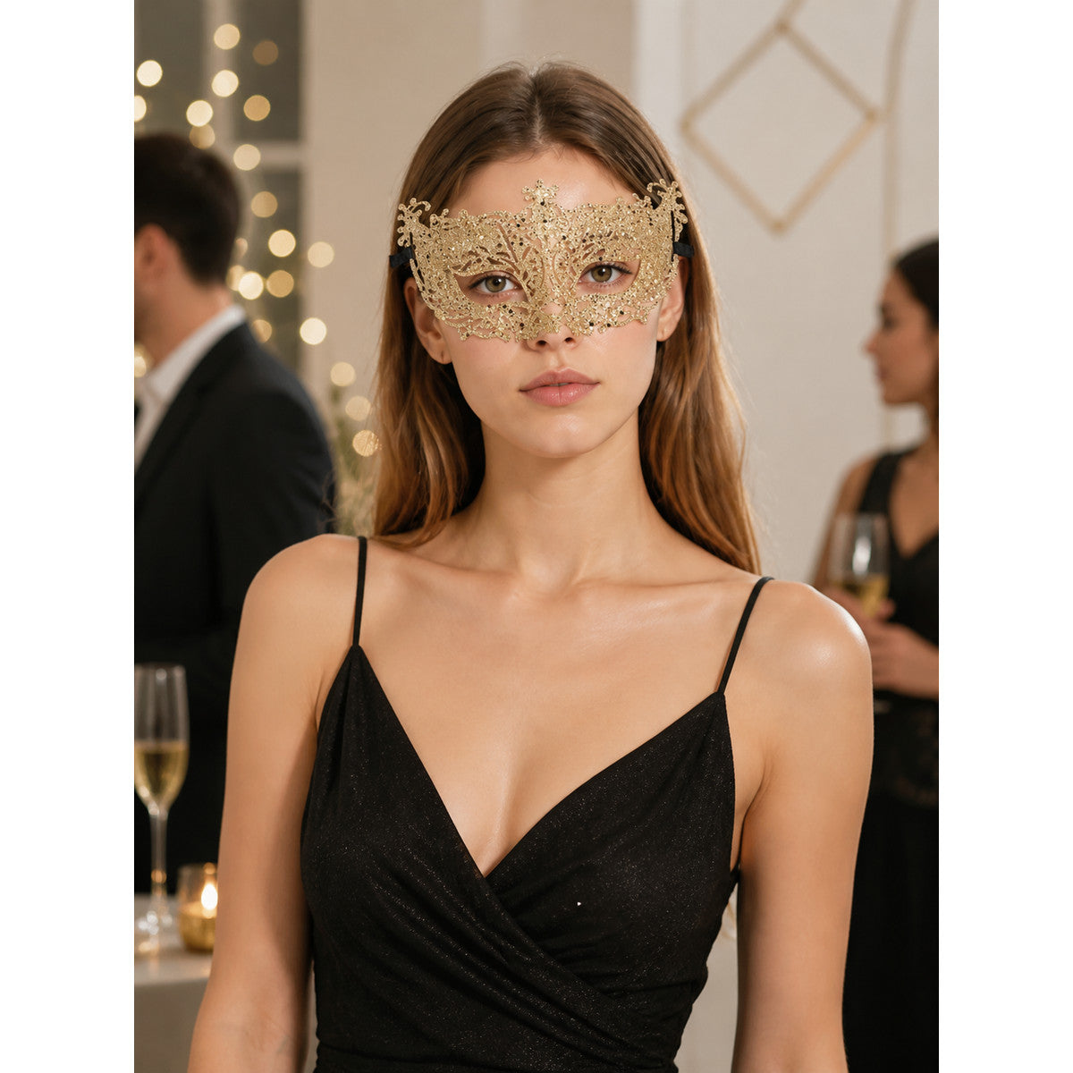 Gold Venetian Carnival Mask with Black Ties lifestyle view