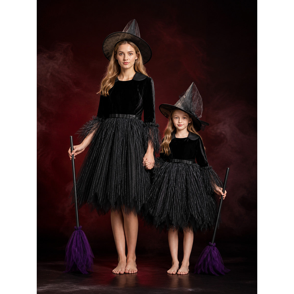 Women & Kids Witch Costume Dress, Black Stripe Halloween Outfit main product view