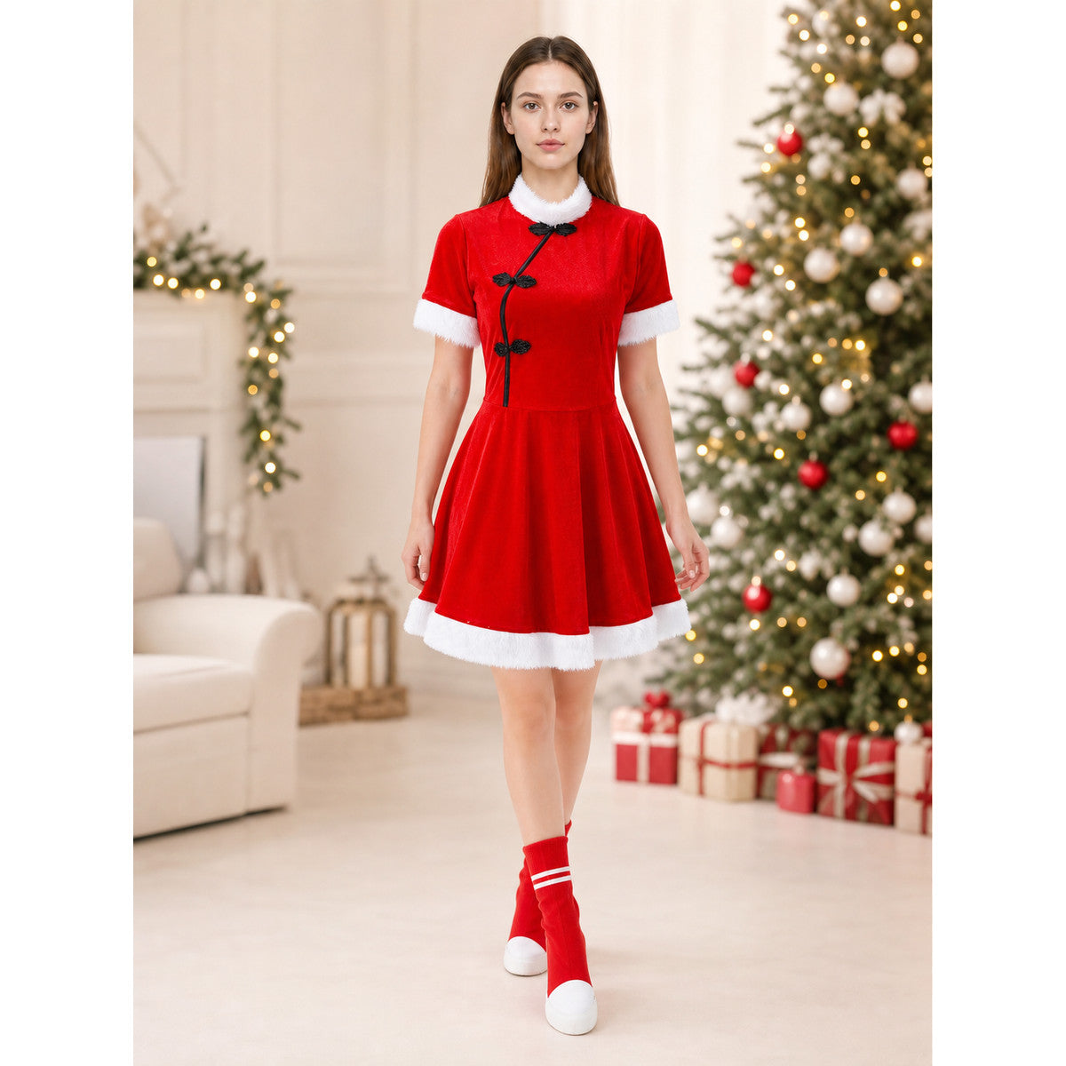 Bright festive dress in Chinese style with a cape lifestyle