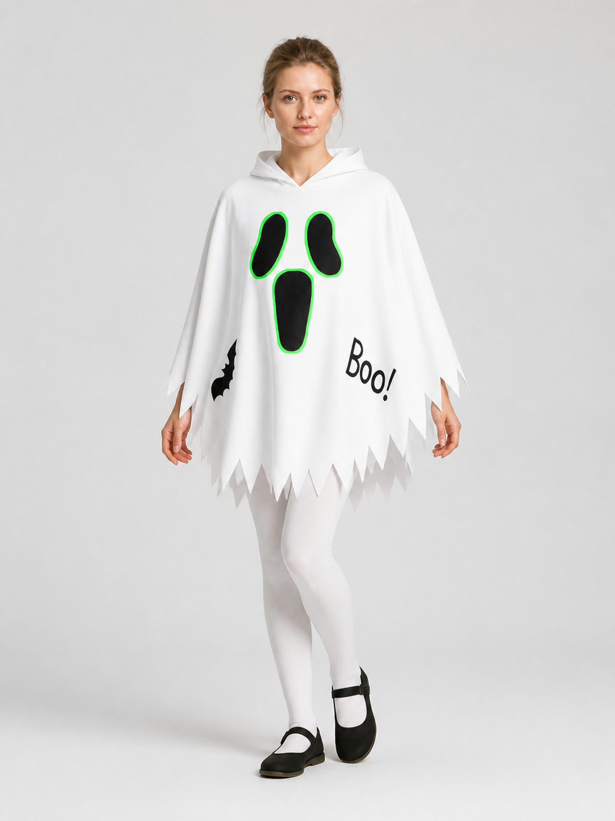 White Halloween Hooded Cape with Ghost Print