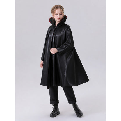 The long black cape is designed to create a vampire look for cosplay, Halloween, and stage performances. The cape is black and features a loose silhouette with long, draping panels and an opening lower edge. The upper section has a hooded o