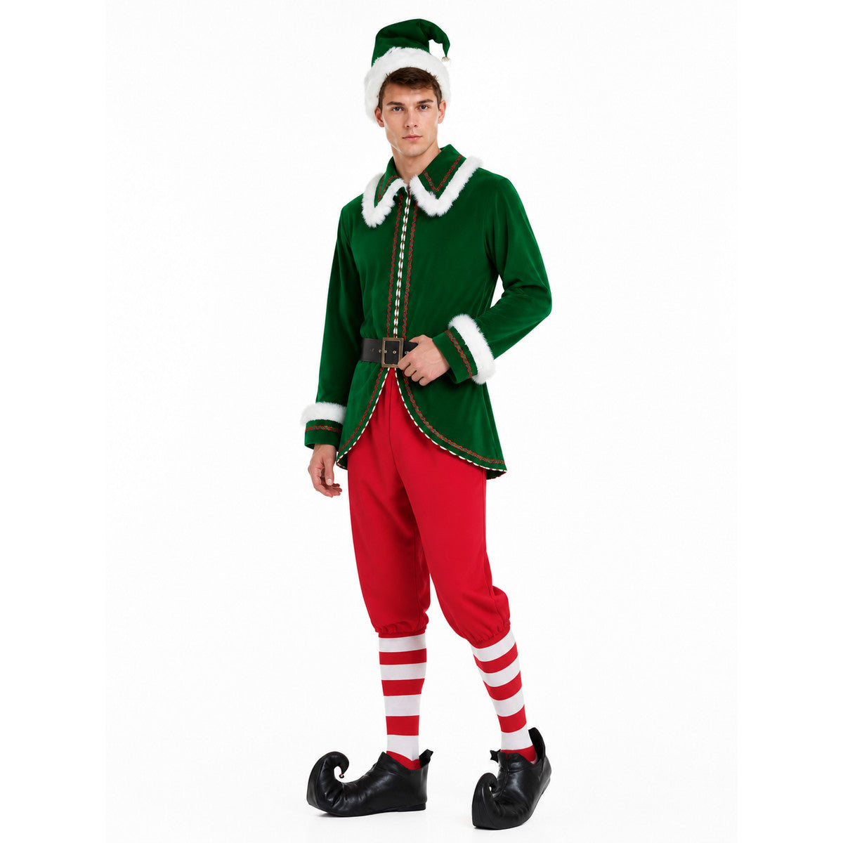 Green and Red Elf Costume with Belt for Performances Costumes detail
