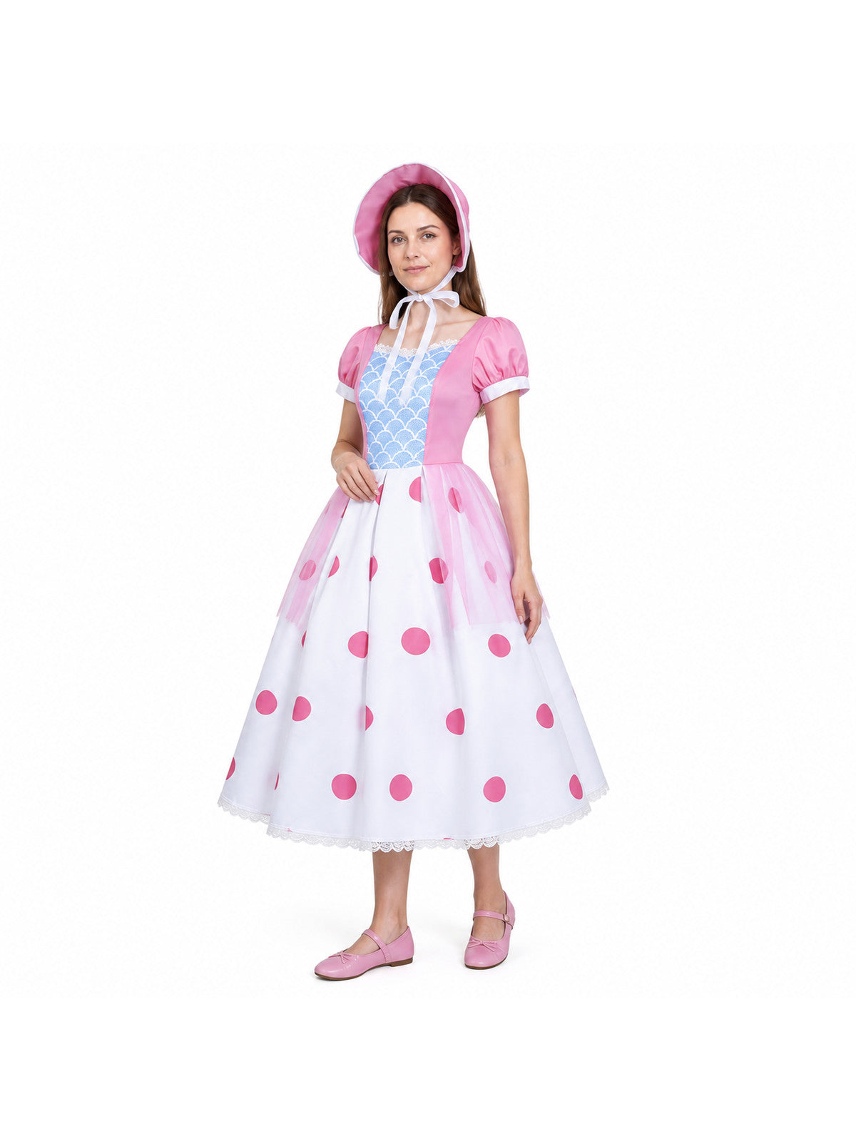 Bo Peep Cosplay Dress, White and Light Blue Polka Dot, with Hat