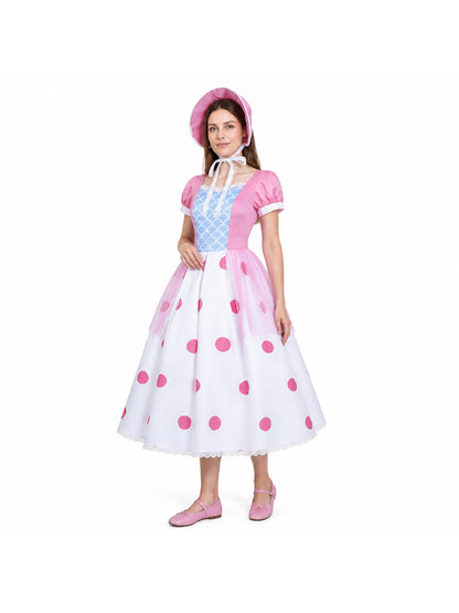 Bo Peep Cosplay Dress, White and Light Blue Polka Dot, with Hat