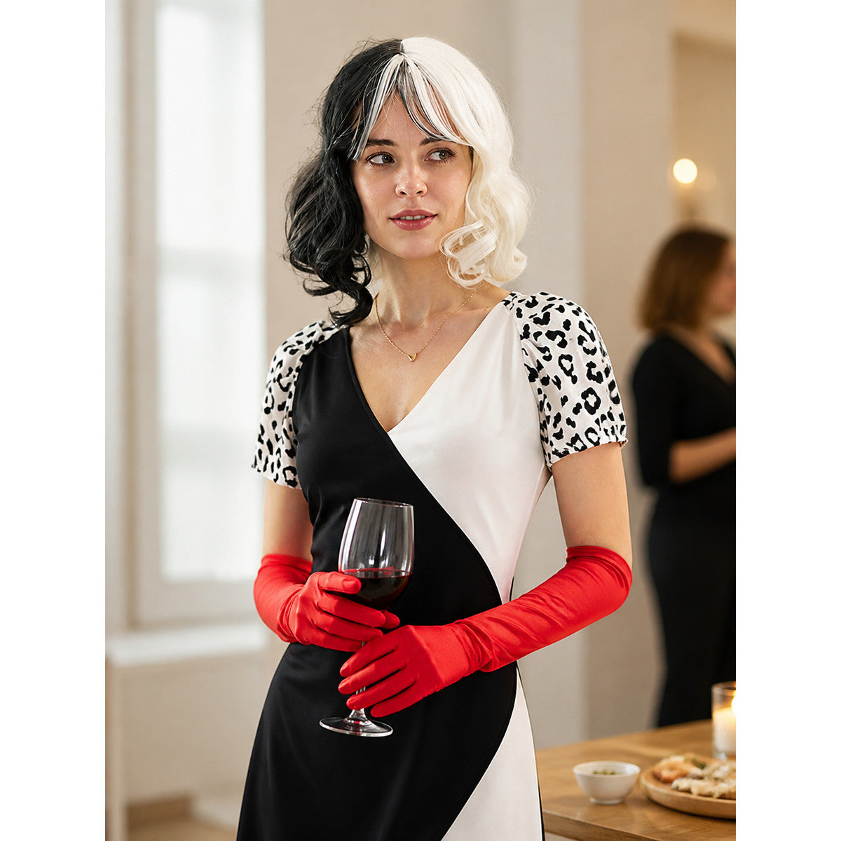 Black and White Carnival Wig with Medium-Length Curls lifestyle view