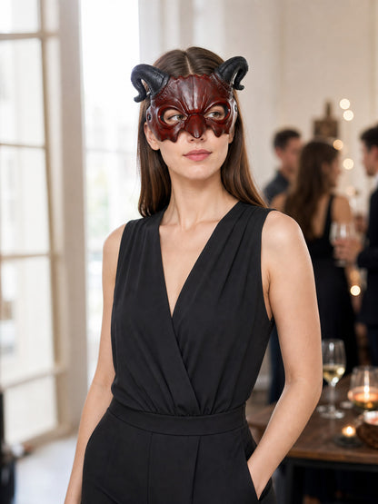 Red Carnival Mask with Horns for Halloween and Cosplay