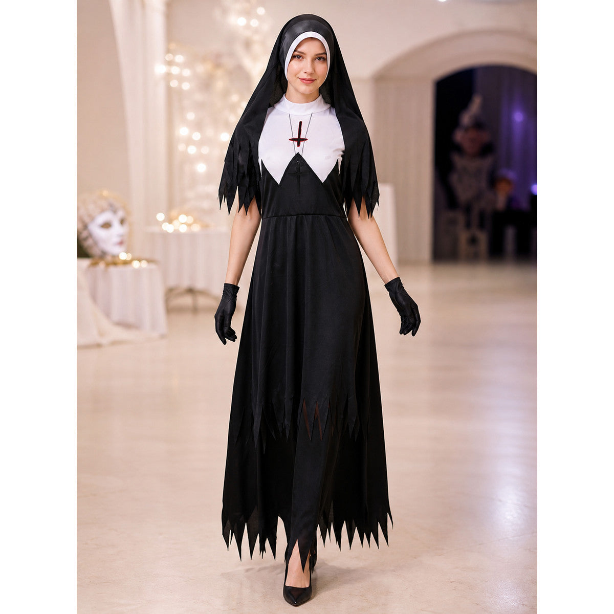 Zombie cosplay costume with a black cassock lifestyle view