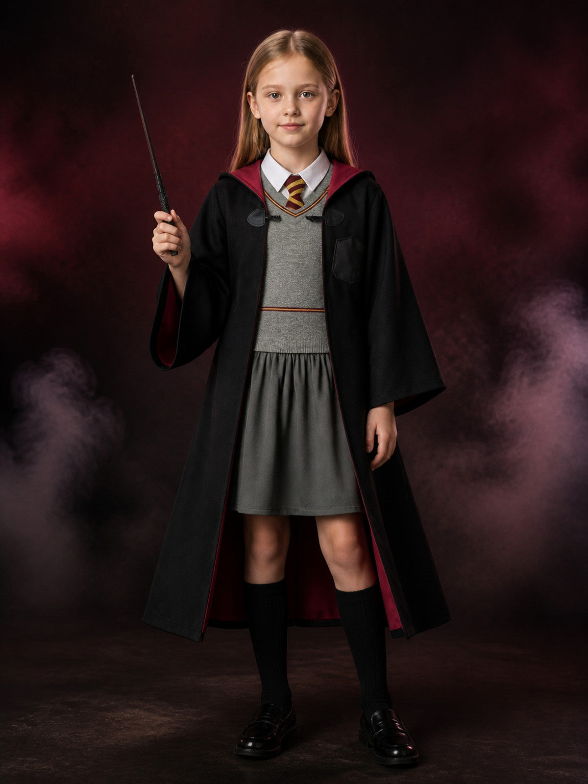 Kids Wizard Costume Set With Hooded Robe, Vest, Skirt And Wand