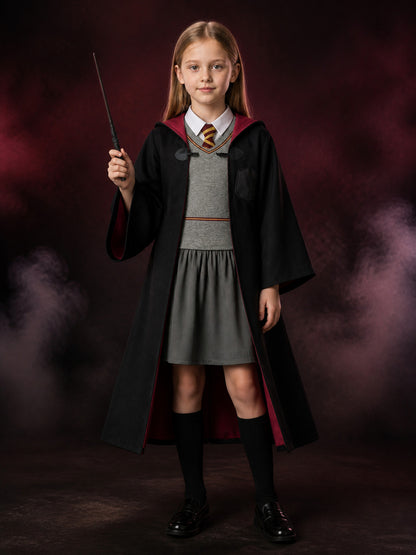 Kids Wizard Costume Set With Hooded Robe, Vest, Skirt And Wand