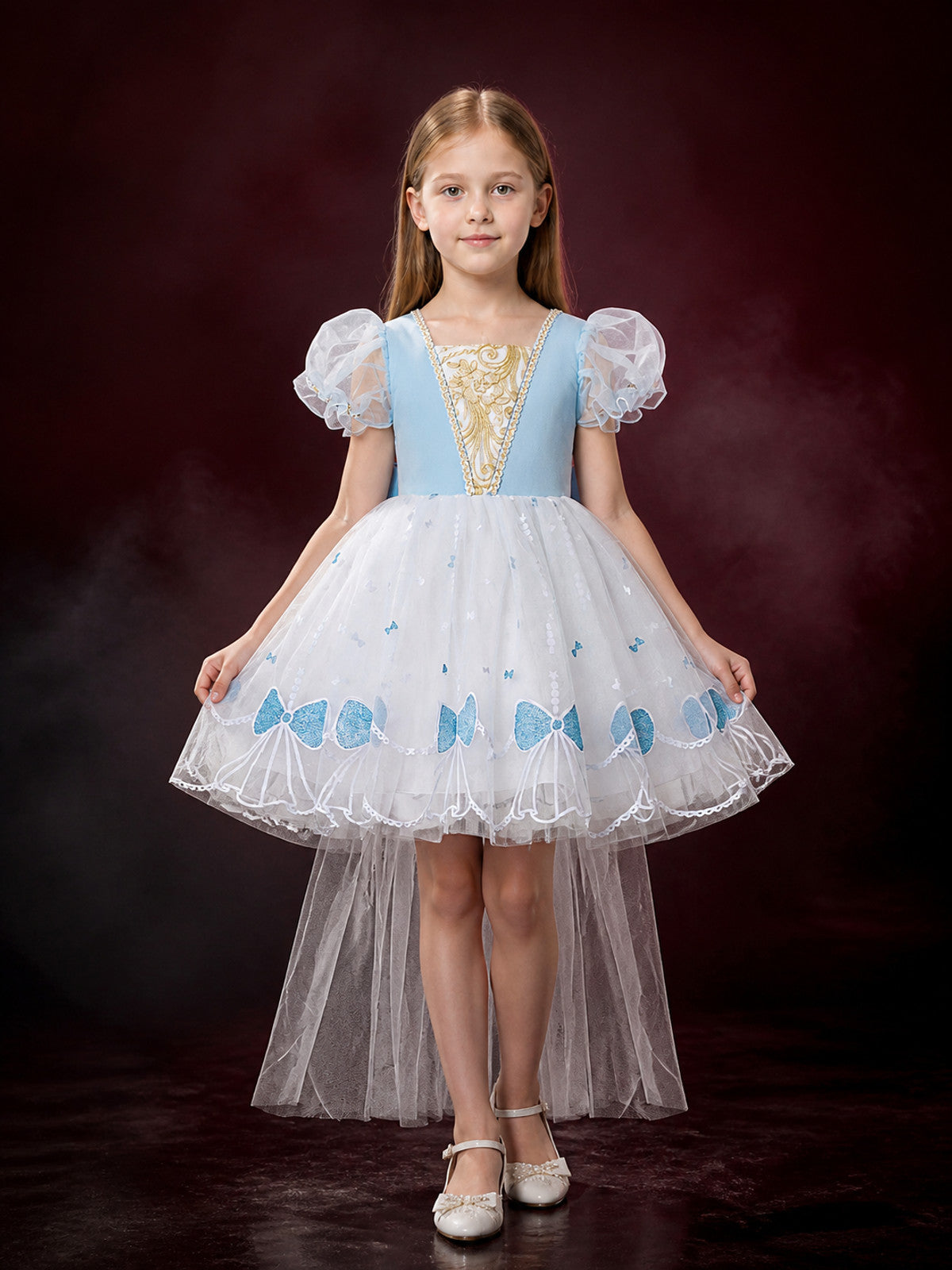 Girls' Sky Blue Princess Dress With Gold Pattern, Puff Sleeves, Layered Organza main product view