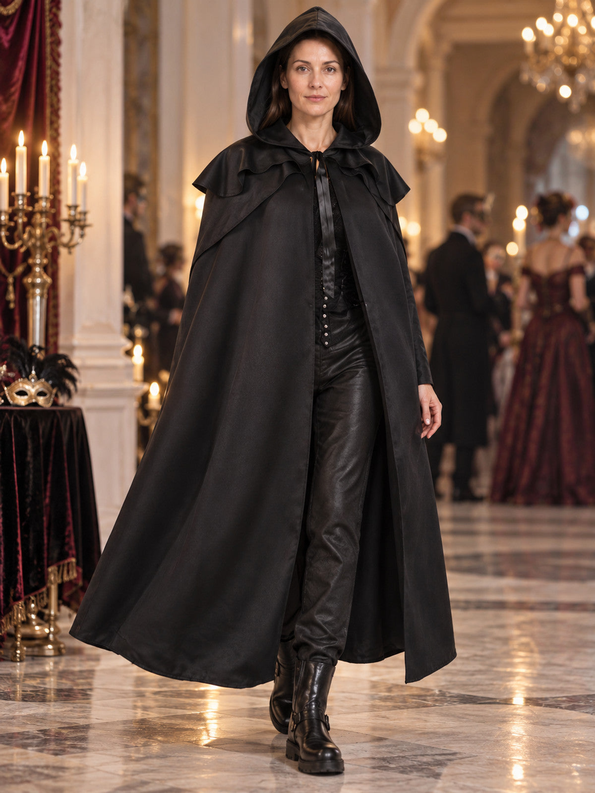 Long Black Hooded Cloak with Capelet