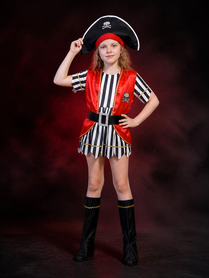 Kids Pirate Costume Set, Red Vest with Skull Print, Striped Jersey and Hat for main product view