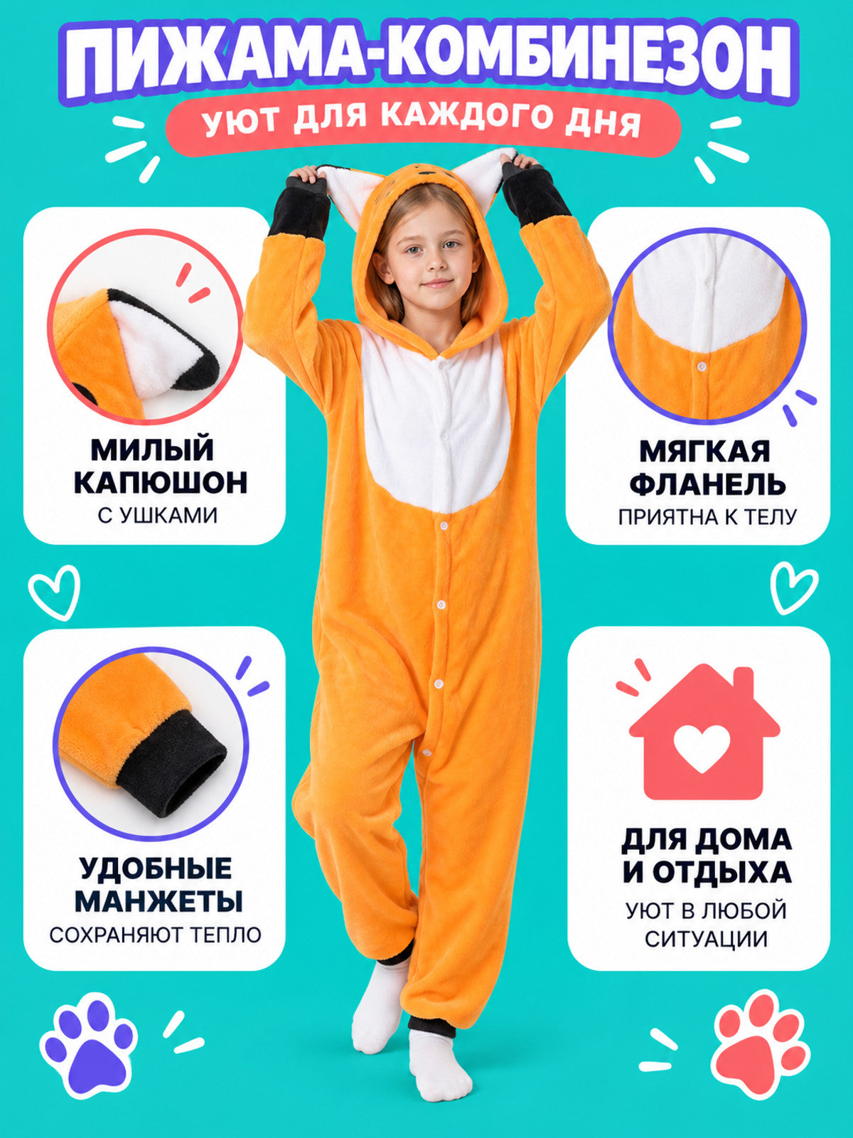 Orange Hooded Pajama Jumpsuit with Ears