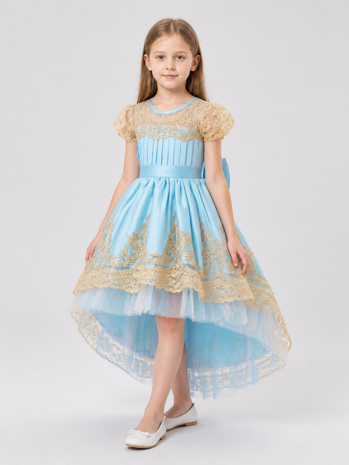 Blue Princess Dress with Gold Lace and Train Costume Dresses detail