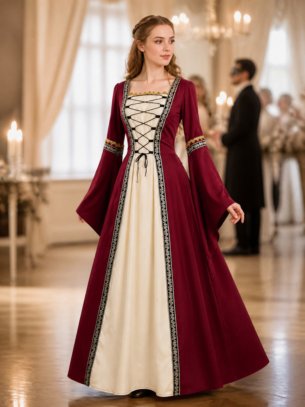 Burgundy Medieval Dress with Front Lacing lifestyle view