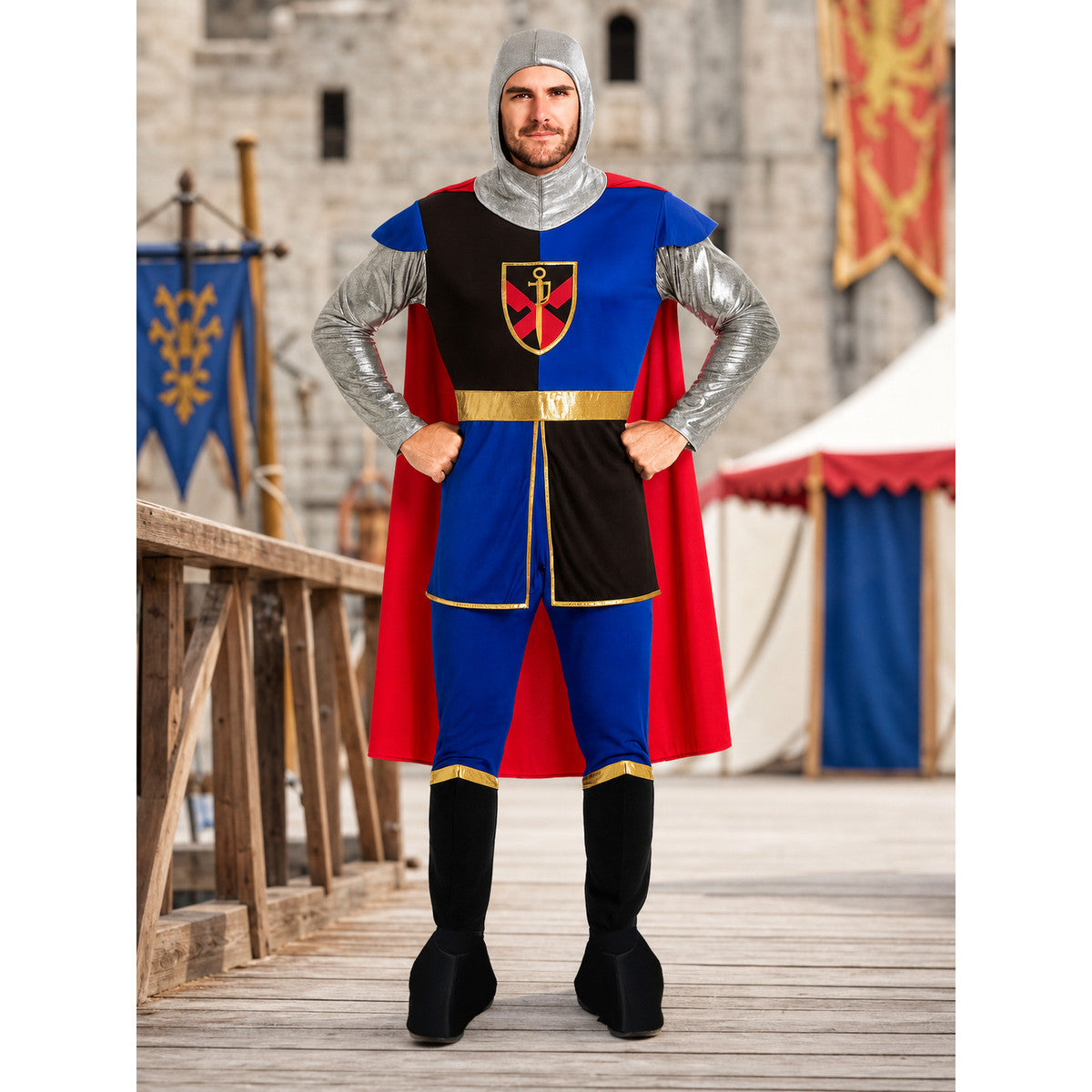 Crusader Cosplay Costume with Hood and Cloak lifestyle view