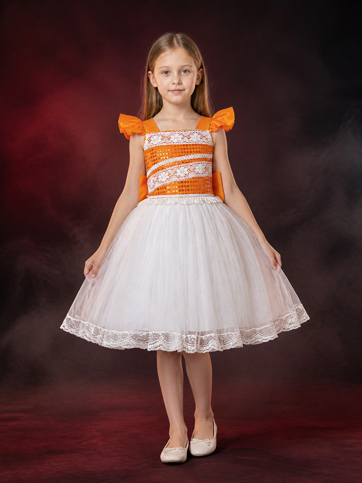 Girls' Orange and White Princess Dress with Puff Sleeves and Lace Trim main product view