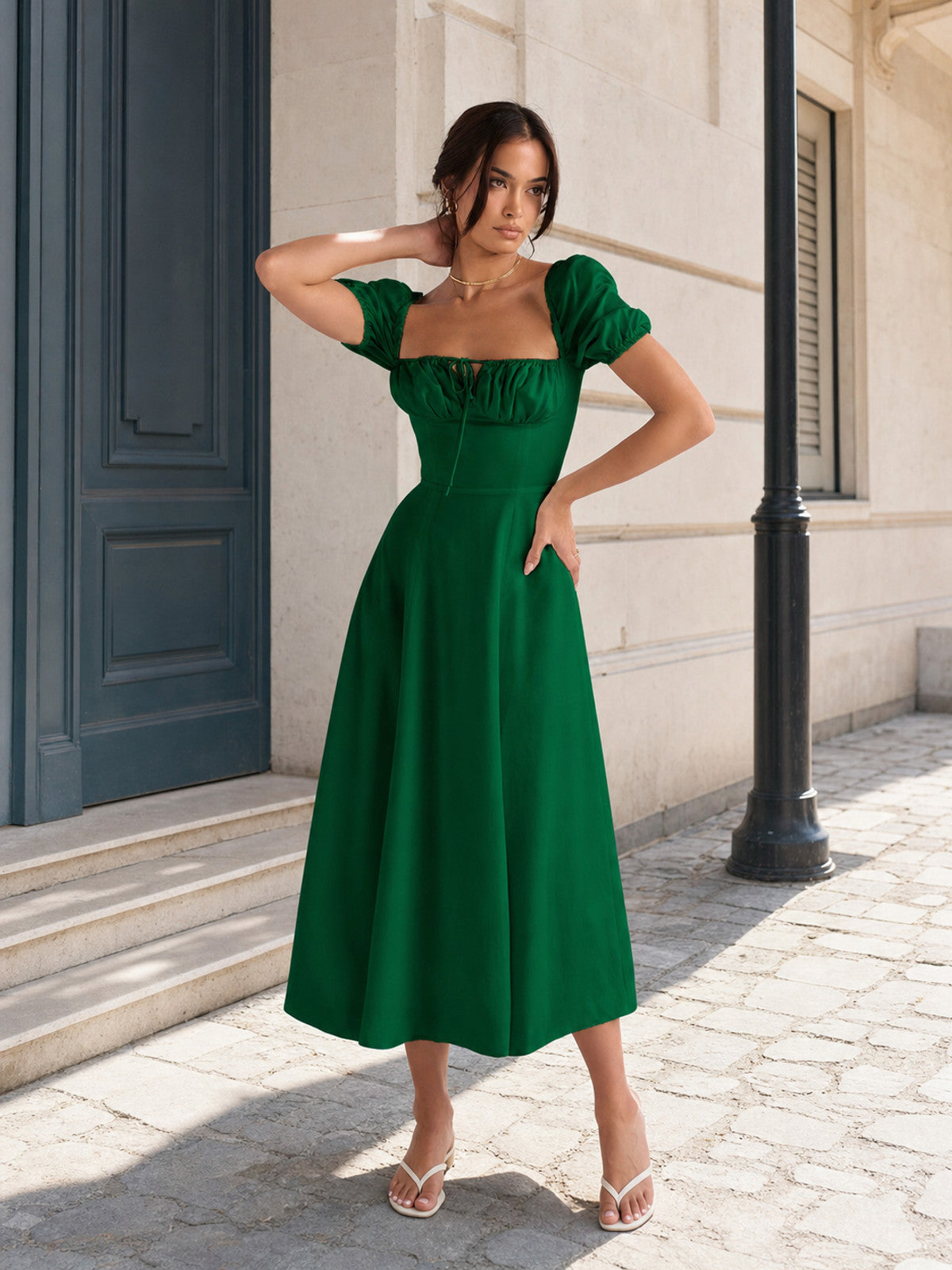 Women's Green Dress with Square Neckline and Lacing