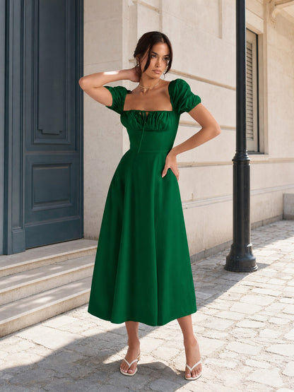 Women's Green Dress with Square Neckline and Lacing