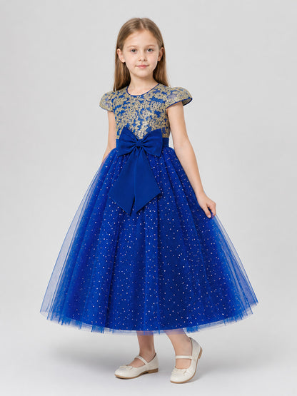 Festive Blue Princess Dress with Lace and Bow Costume Dresses detail