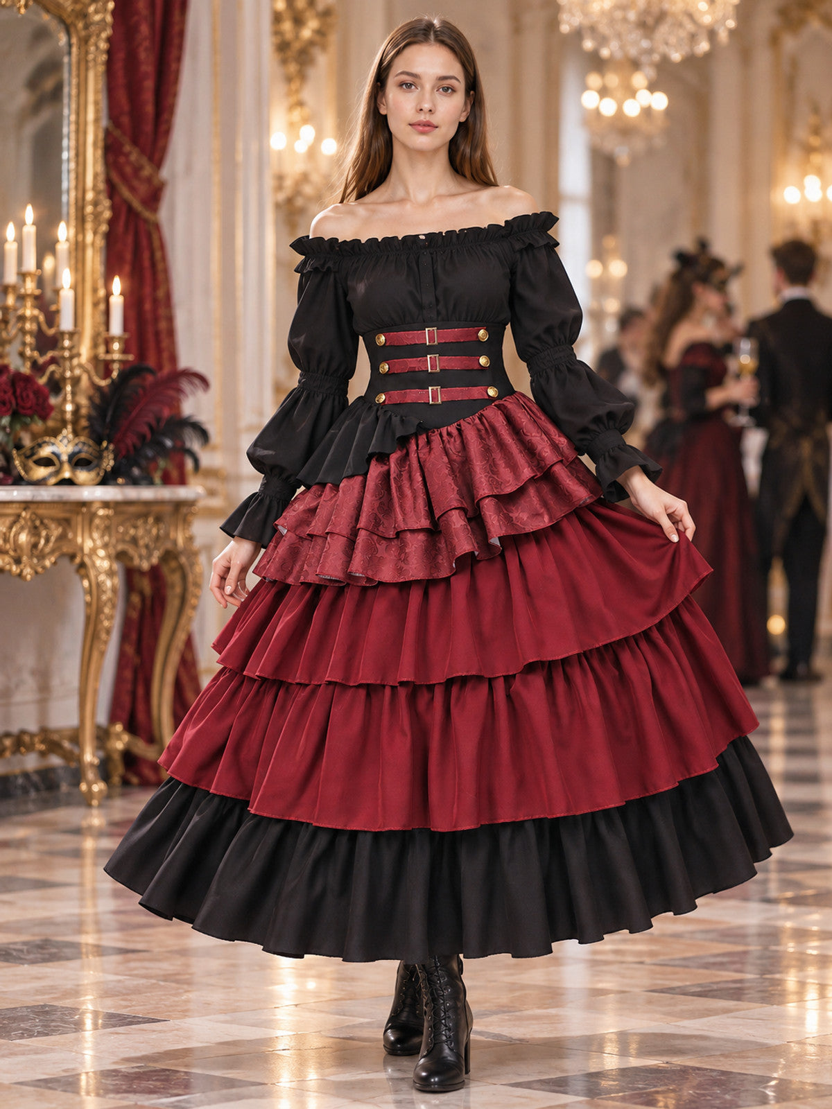 Burgundy-and-Black Tiered Skirt with Straps lifestyle view