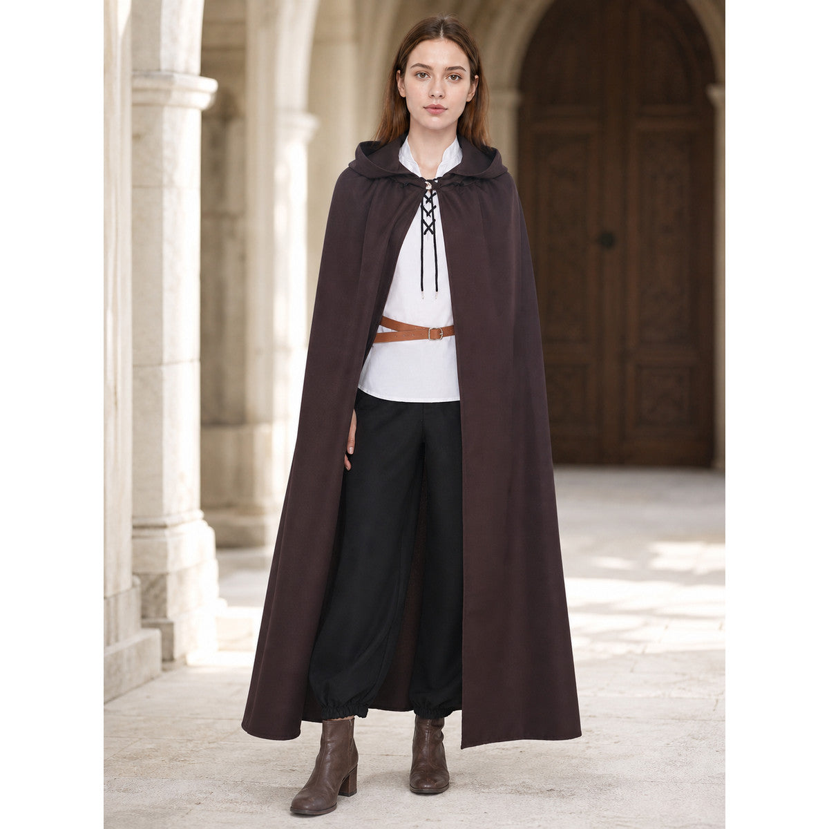 Halloween Medieval Knight Pirate Cosplay Hooded Cloak, Long Loose Cape With Pointed Hood And Front Cross Lacing lifestyle