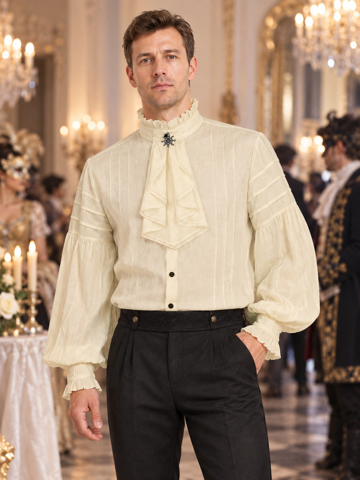 Beige Striped Button-Down Shirt with Jabot and Ruffles