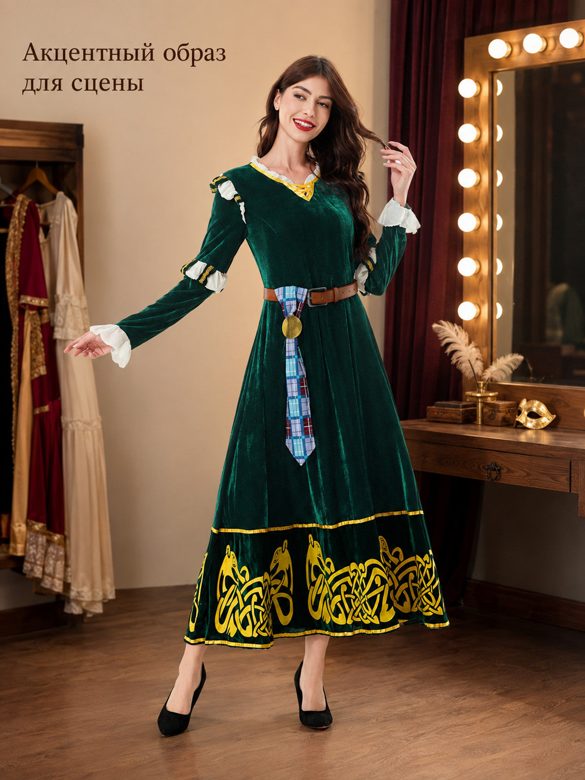 Women’s Medieval Dress with Belt and Gold Decoration product detail