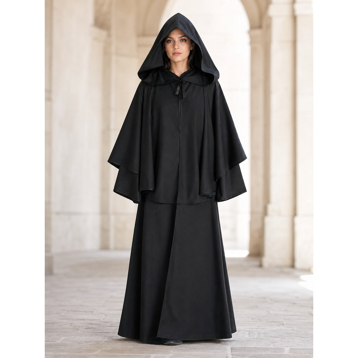Black Carnival Cloak with Hood and Zipper lifestyle view