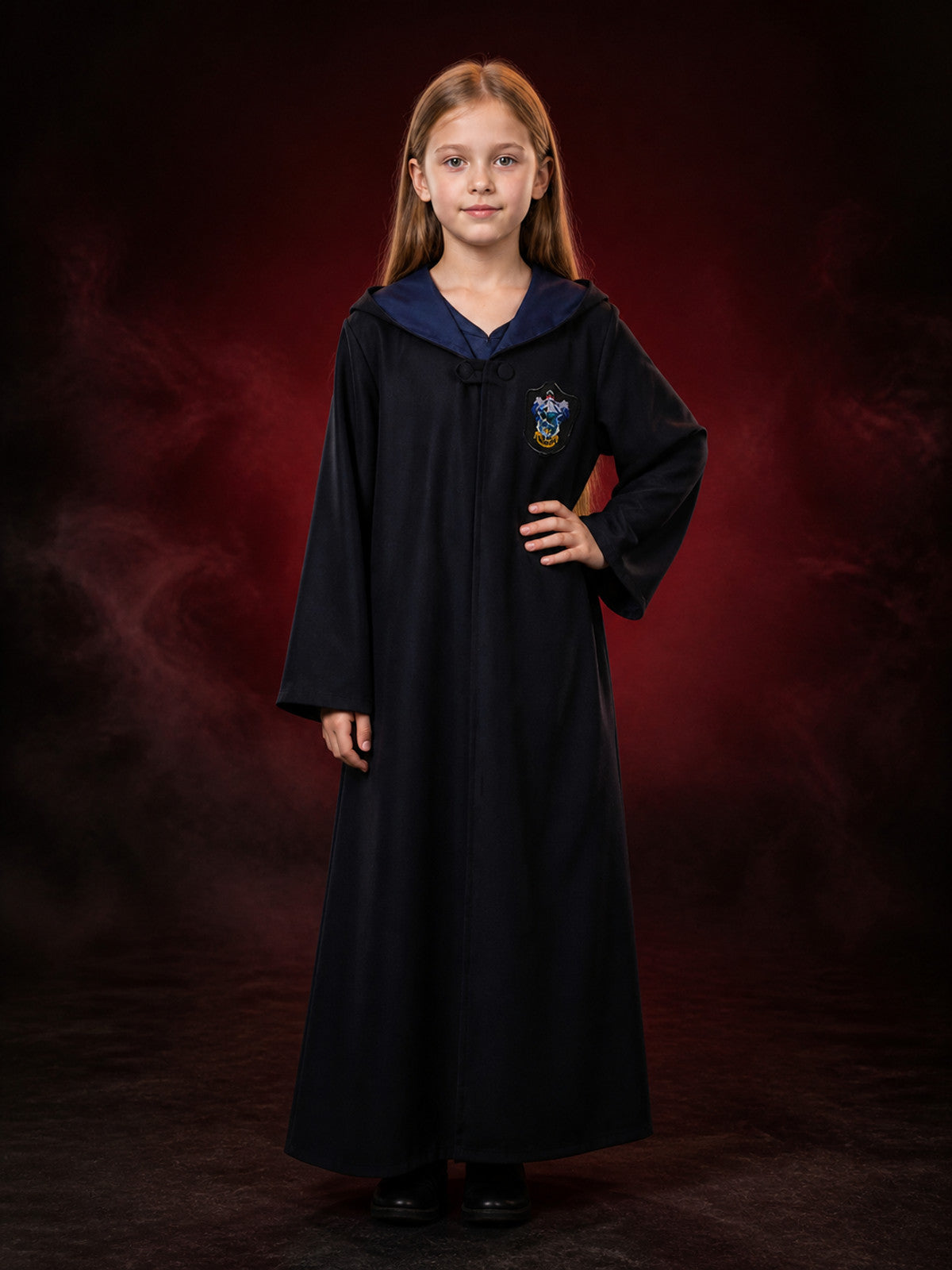 Dark Blue Magical School Robe Cosplay Costume with Shawl Collar and Crest main product view