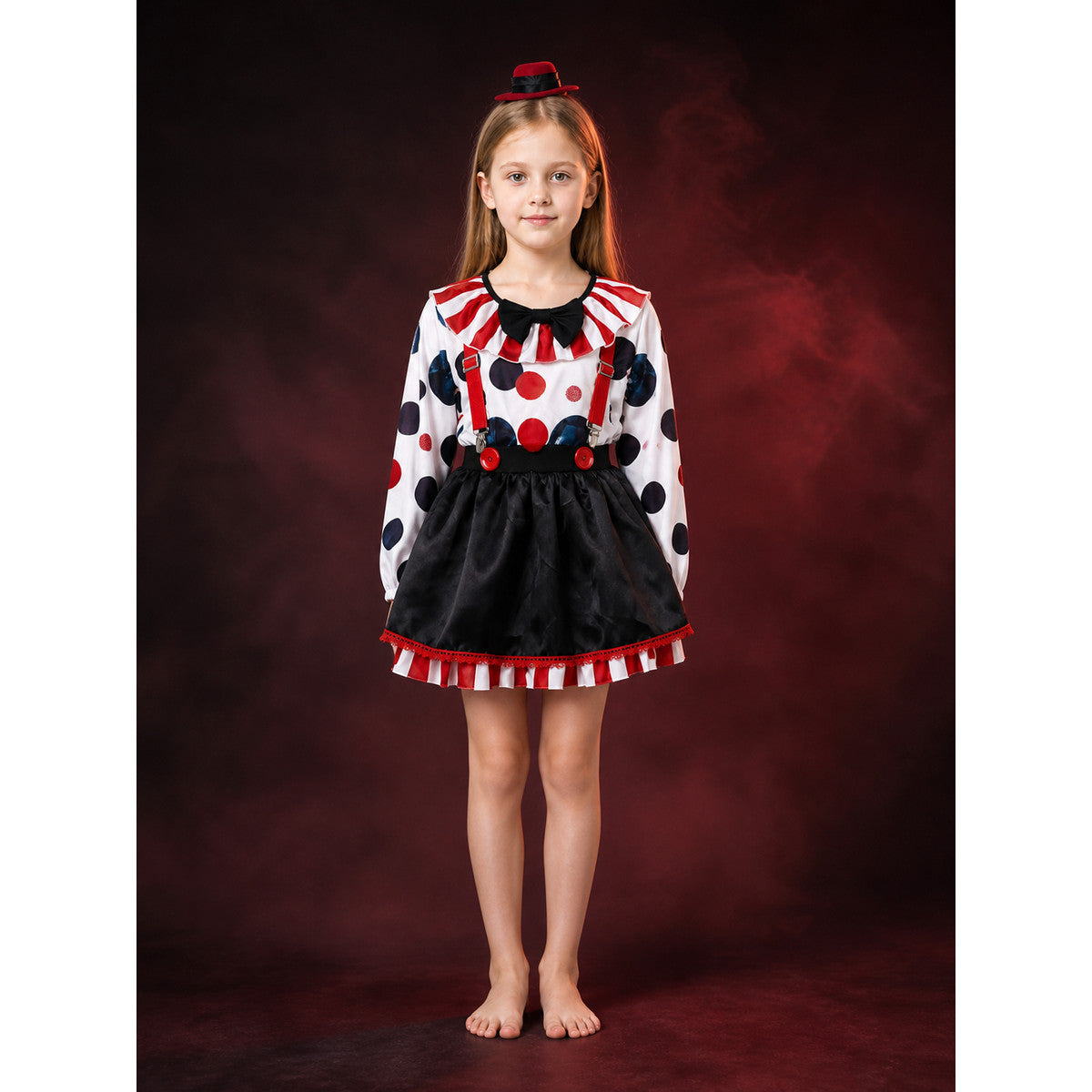 Clown Costume Set with Polka Dot Top, Striped Tutu, Hat & Suspenders main product view