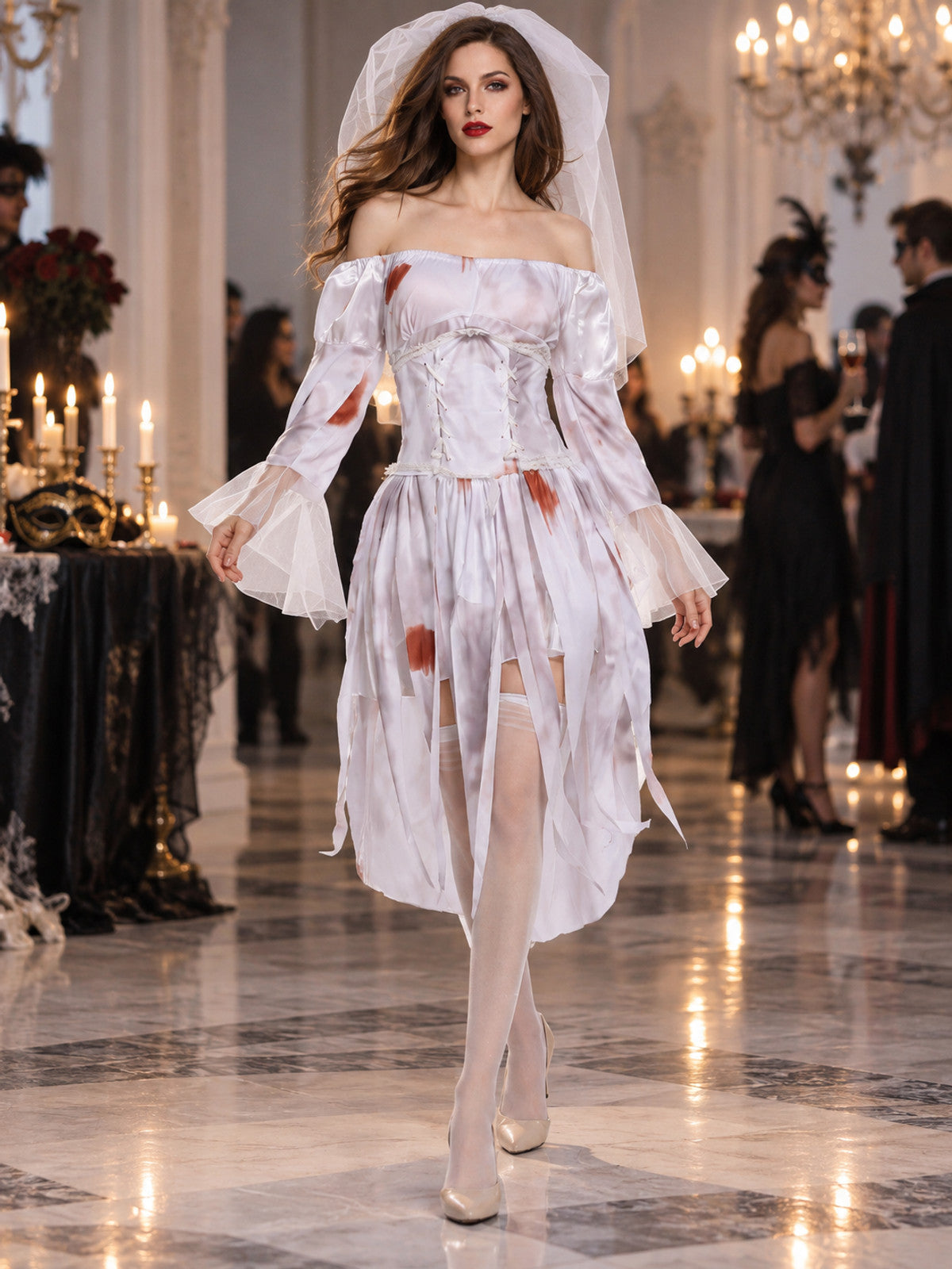 Ghost Bride White Carnival Costume with Veil and Belt