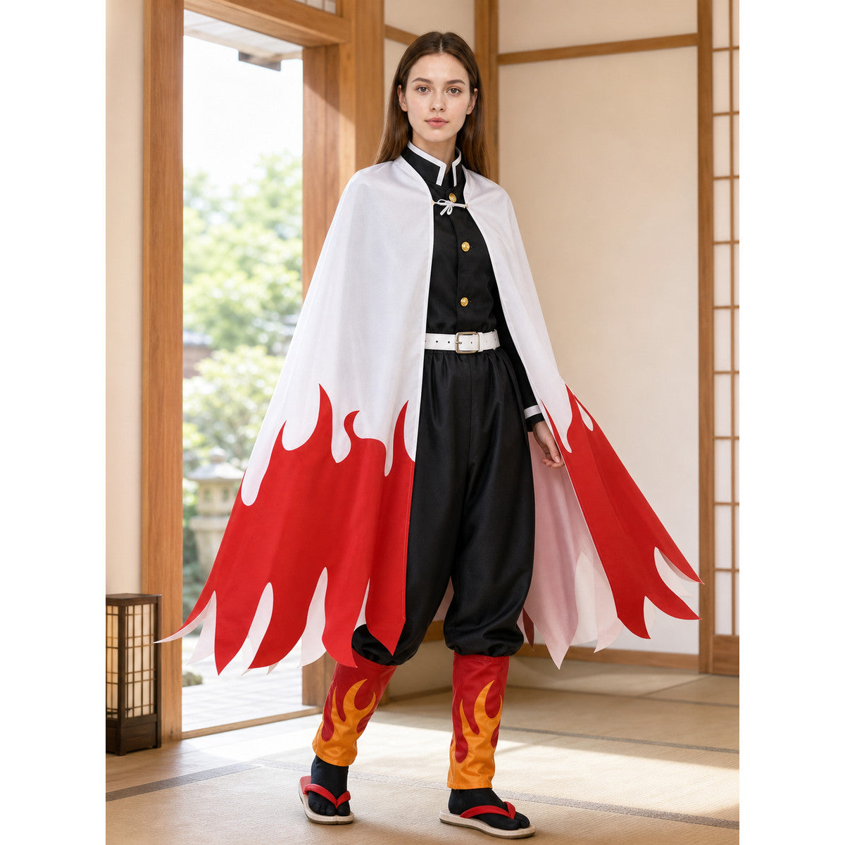 Anime cosplay costume with cape, belt, and leg warmers lifestyle