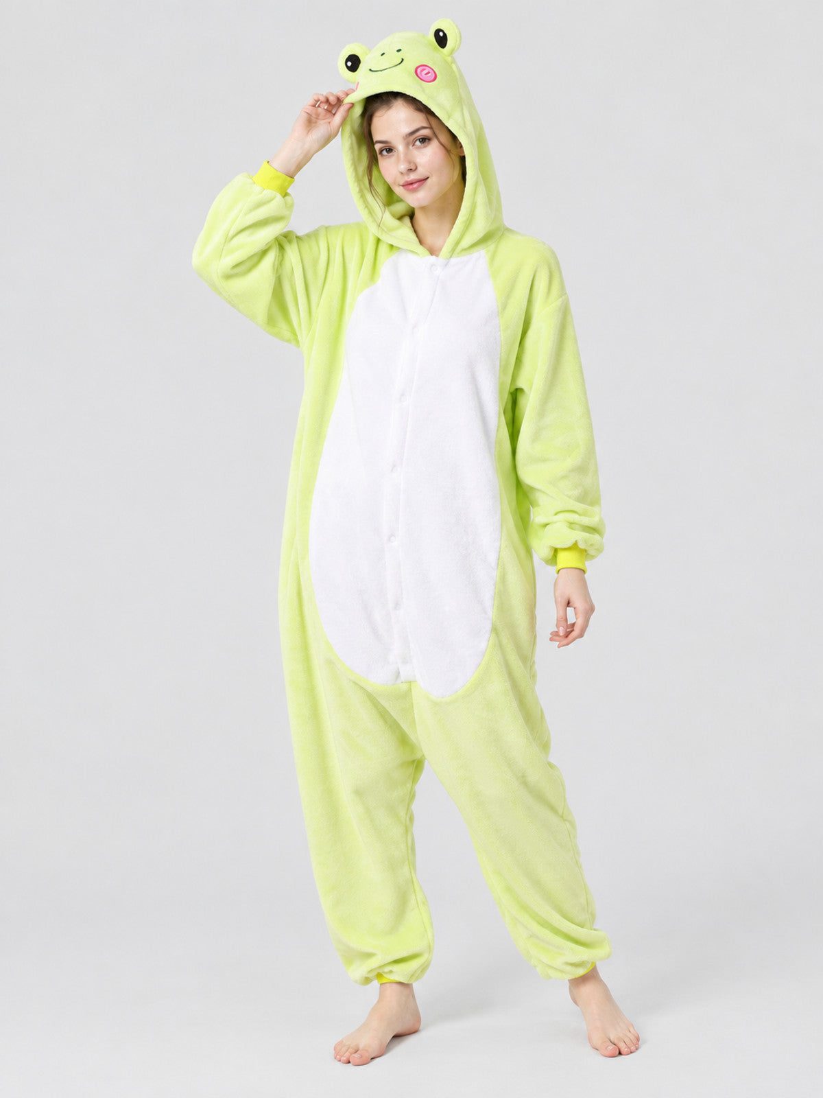 Hooded One-Piece Pajamas with Face Detail, Light Green